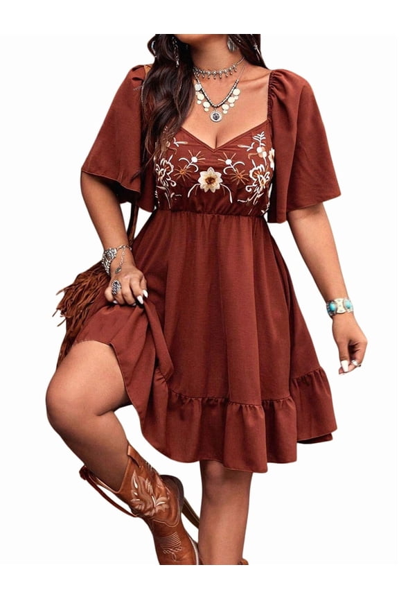 Women's Floral Boho Western Cowgirl Country Concert Outfits Flowy Dresses Dress for Vacation Dark Brown M