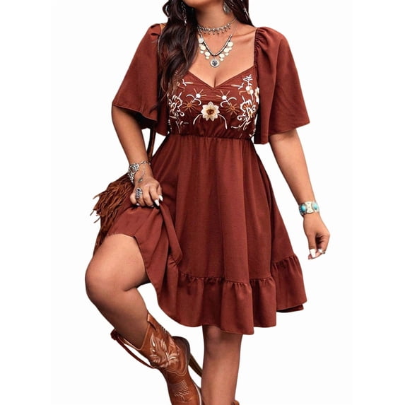Women's Floral Boho Western Cowgirl Country Concert Outfits Flowy Dresses Dress for Vacation Dark Brown S
