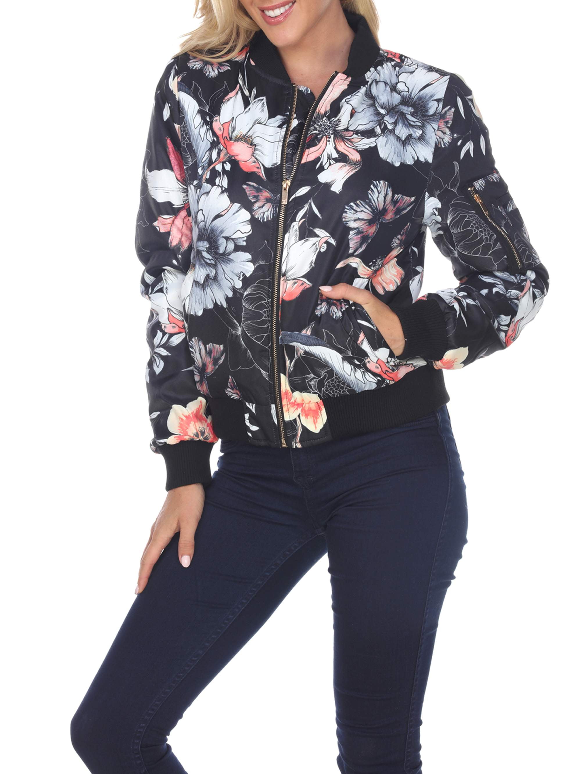 Black floral top bomber jacket womens