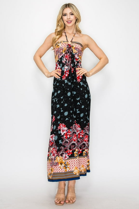 Women's Floral Border Print Halter Neck Long Dress Sleeveless Lightweight Flowy Fit