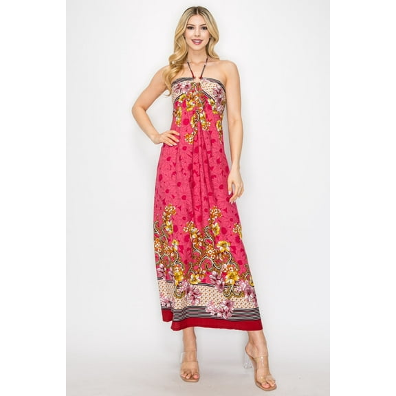 Women's Floral Border Print Halter Neck Long Dress Sleeveless Lightweight Flowy Fit