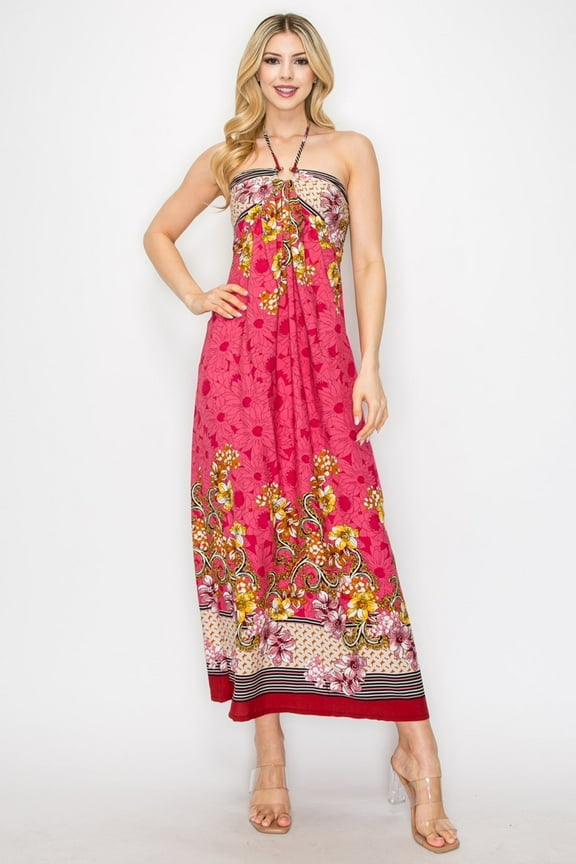 Women's Floral Border Print Halter Neck Long Dress Sleeveless Lightweight Flowy Fit