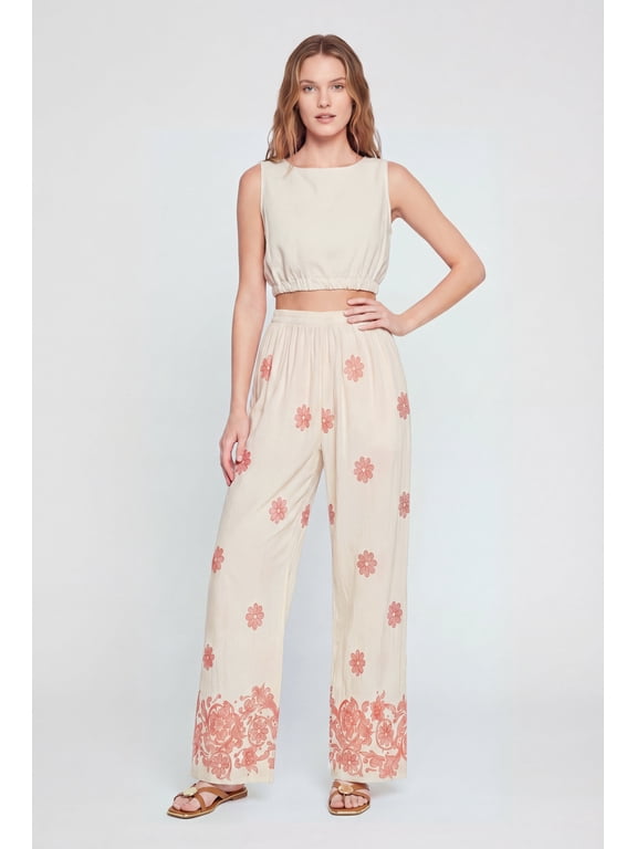 Women's Floral Border Print High Waisted Wide Leg Pants
