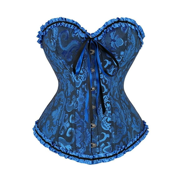Women's Floral Brocade Corset Top and Peacock Corset with Lace Trim Front Busk Closure Adjustable Back for Party Wedding Costume Blue L
