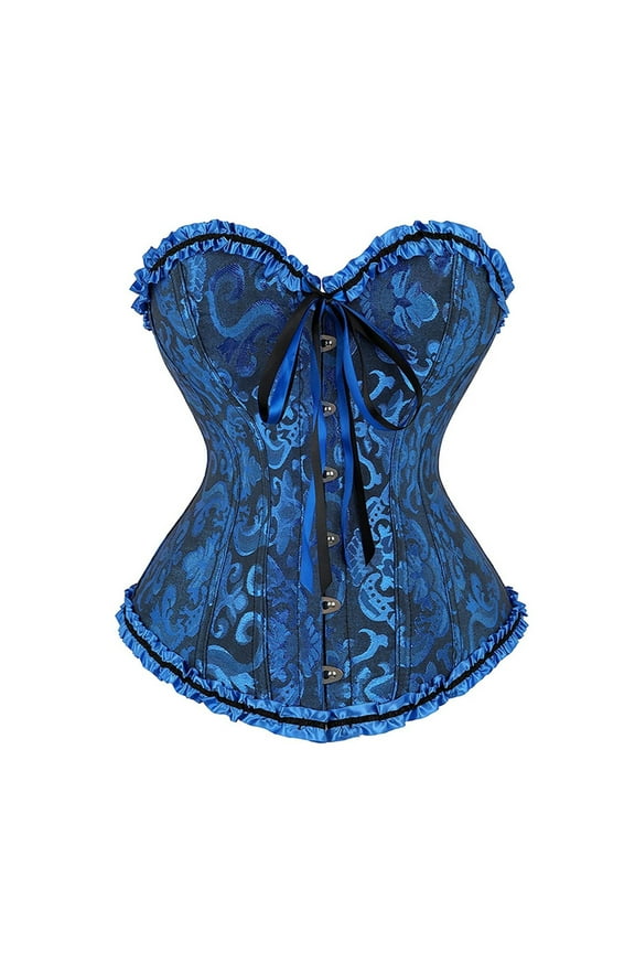 Women's Floral Brocade Corset Top and Peacock Corset with Lace Trim Front Busk Closure Adjustable Back for Party Wedding Costume Blue M