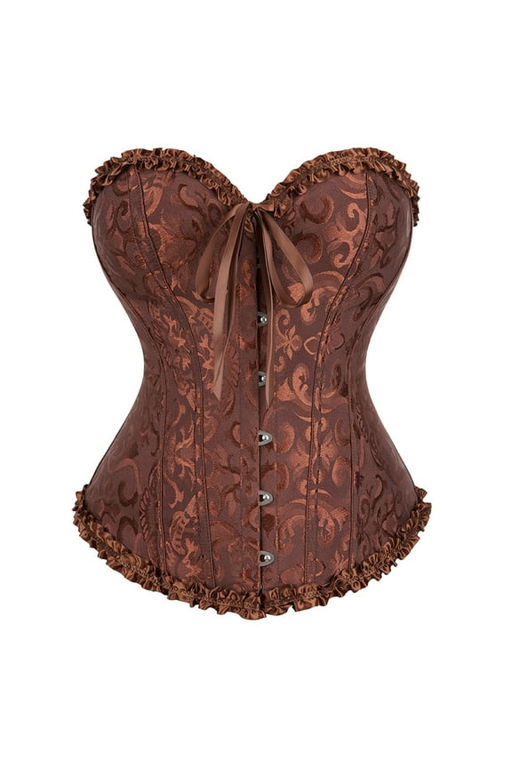Women's Floral Brocade Corset Top and Peacock Corset with Lace Trim Front Busk Closure Adjustable Back for Party Wedding Costume Coffee XL