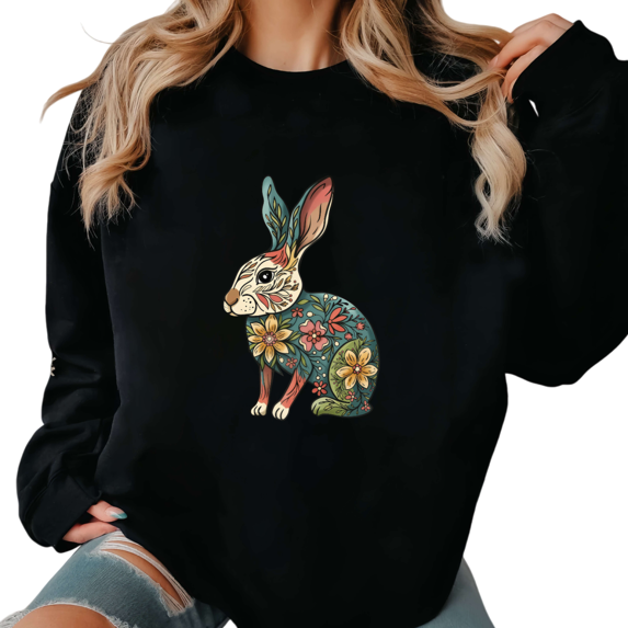 Women's Floral Bunny Graphic Breathable Sweatshirt Top Casual Comfortable Round-neck long-sleeved Black S-3XL