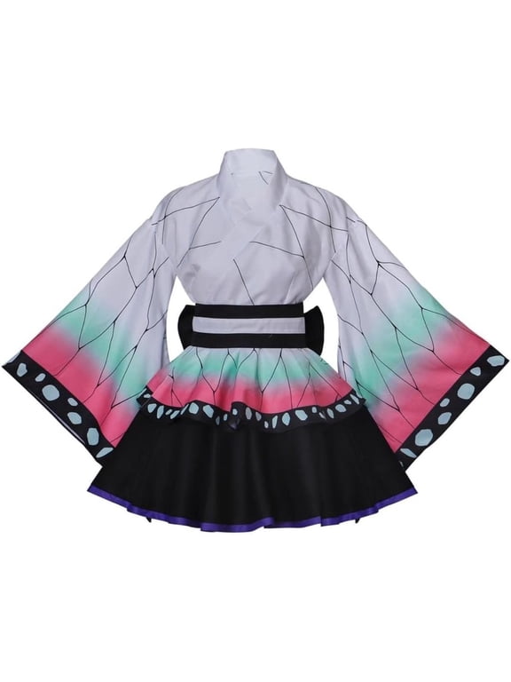 Women's Floral Butterfly Kochou Shinobu Themed Japanese-Style Outfit Dress - Elegant Two-Piece Set with Belt