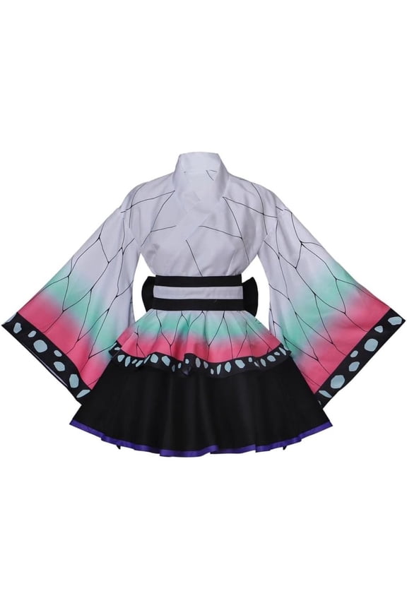 Women's Floral Butterfly Kochou Shinobu Themed Japanese-Style Outfit Dress - Elegant Two-Piece Set with Belt