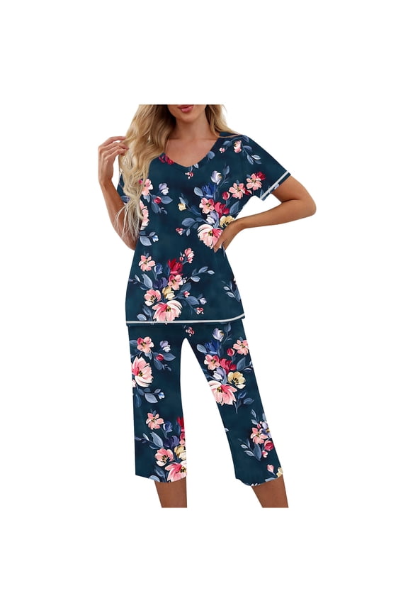 Women’s Floral Capri Pajama Set – Short Sleeve Lounge Set (2025 Spring/Summer Cozy Essential)