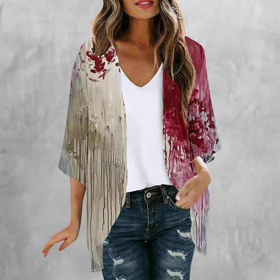 Women's Floral Cardigan Coverups Bohemian Kimono Loose Cover Up Tops Beach Puff Sleeve Blouse Female Fall Cardigans