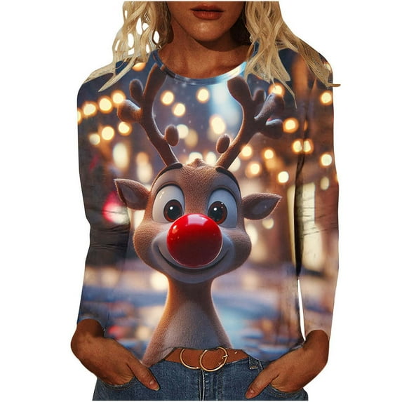 Women’s Floral Christmas Print Long Sleeve Top Round Neck Loose Fit Casual T Shirt Funny Ugly Festive Shining Tree Holiday Graphic Tee for Seasonal Celebrations
