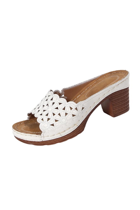 Women's Floral Chunky Open Toe Slip On Platform Mule Sandals Round Toe Block Heel Slides Chunky High Heel Shoes