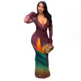thumbnail image 1 of Women's Floral Color Spliced Ruffled Deep V-Neck Long Flare Sleeve Hips Wrapped Long Dress, 1 of 18
