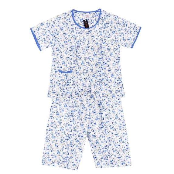 Women's Floral Cotton Blend 2 Piece Sleepwear Button Up Capri Pajama Set 211 (Blue, XL)