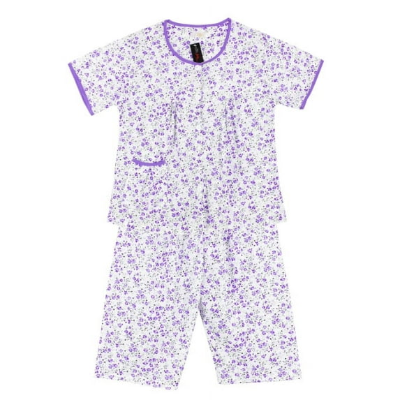 Women's Floral Cotton Blend 2 Piece Sleepwear Button Up Capri Pajama Set 211 (Purple, M)