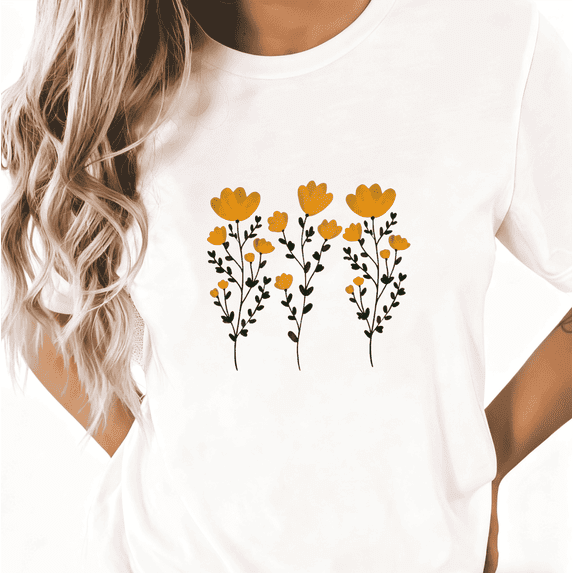 Women's Floral Cotton T Shirt Casual Top Minimalist Graphic Short Sleeve Breathable Round Neck White S-5XL
