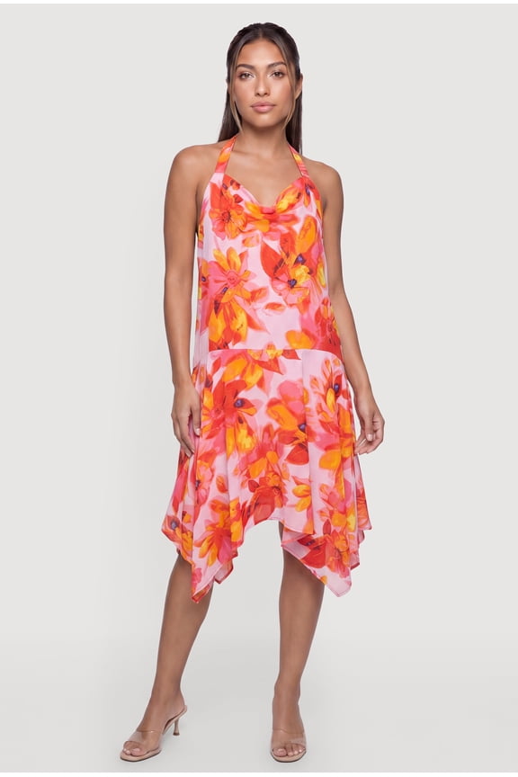 Women's Floral Cowl Halter Neck Sharkbite Hem Dress