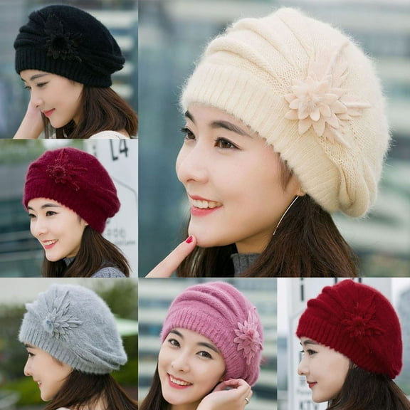 Women's Floral Crochet Beanie Hat Knit Winter Cap with Beret Style Design