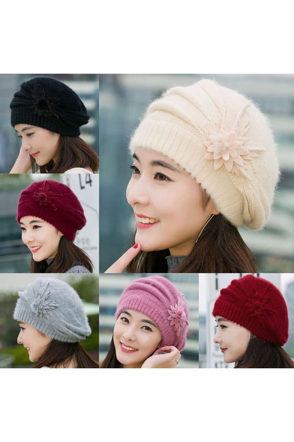 Women's Floral Crochet Beanie Hat Knit Winter Cap with Beret Style Design