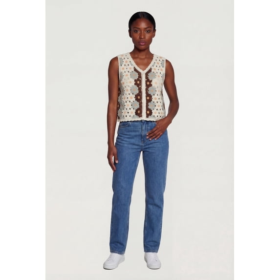 Women's Floral Crochet Button Front Vest