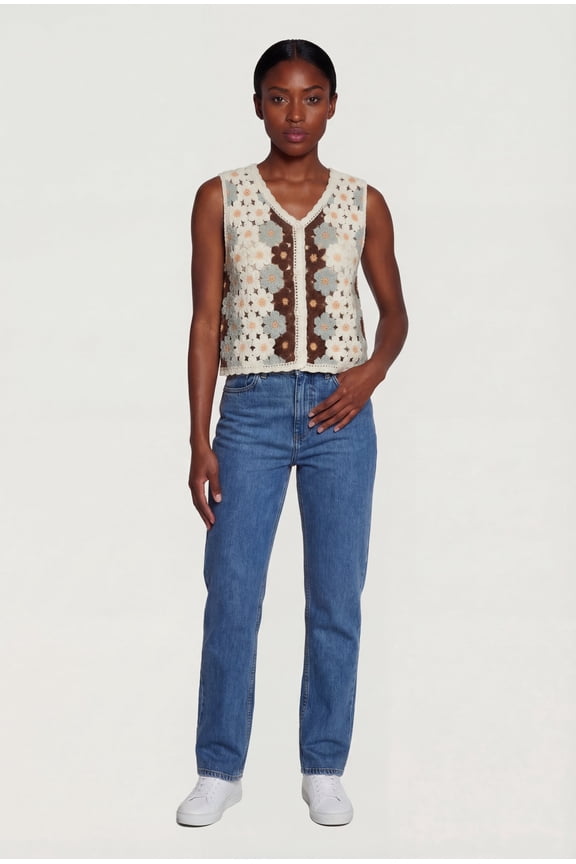 Women's Floral Crochet Button Front Vest