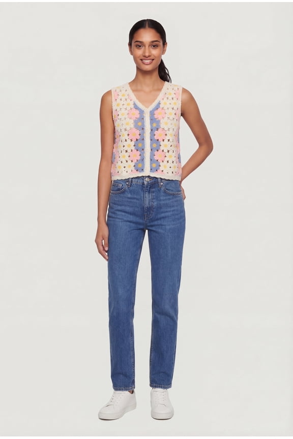 Women's Floral Crochet Button Front Vest
