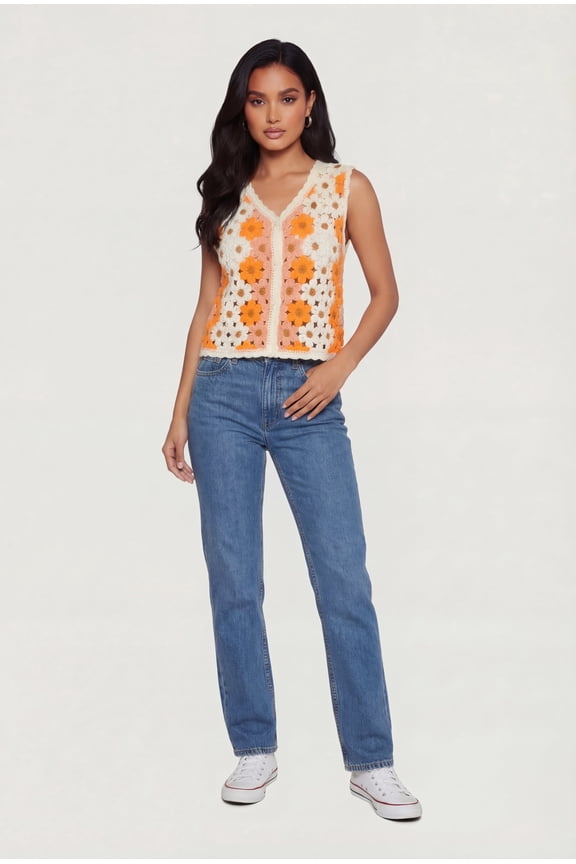 Women's Floral Crochet Button Front Vest