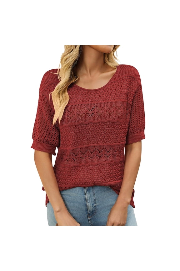 Women's Floral Crochet Short Sleeve Top with Round Neck Hollow Out Design Breezy Knit Blouse for Beach Vacation