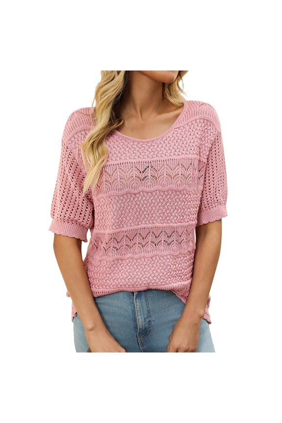 Women's Floral Crochet Short Sleeve Top with Round Neck Hollow Out Design Breezy Knit Blouse for Beach Vacation