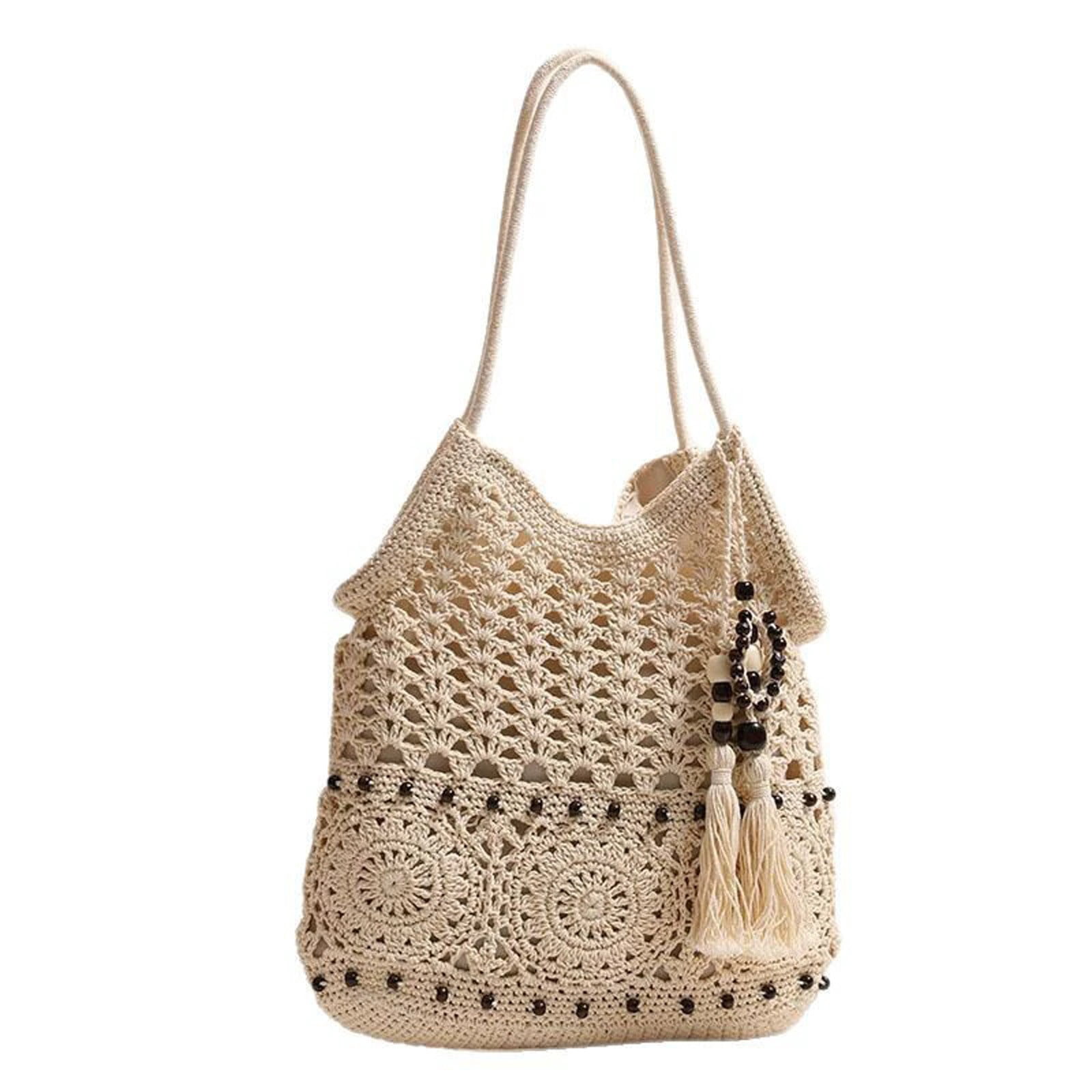 Women's Floral Crochet Tote Bag, Knit Shoulder Bag, Large Capacity Bohemian Beach Purse for Summer Travel & Commute