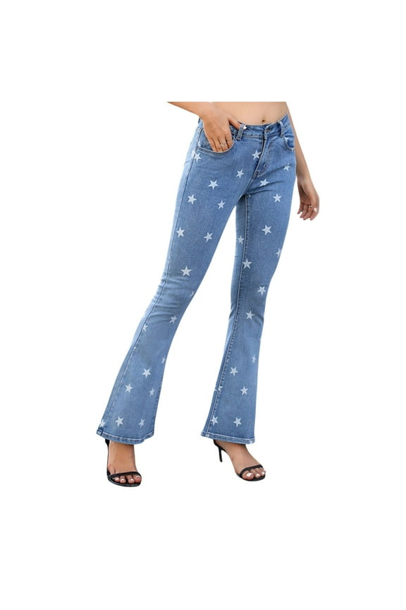 Women's Floral Daisy Embroidered Mid Rise Bell Bottom Jeans - Large, Star