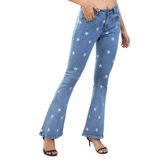 Women's Floral Daisy Embroidered Mid Rise Bell Bottom Jeans - Large, Star