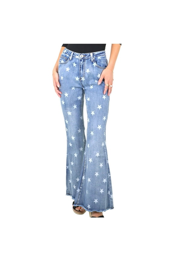 Women's Floral Daisy Embroidered Mid Rise Bell Bottom Jeans-X Large, Star Blue