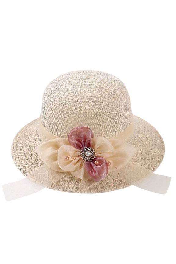 Women's Floral Decorated Sun Hat, Korean Style Wide Brim Straw Fisherman Hat for Beach Vacation, Summer Travel, and Outdoor Sun Protection, UPF 50+ Bucket Hat with Adjustable Chin Strap Beige