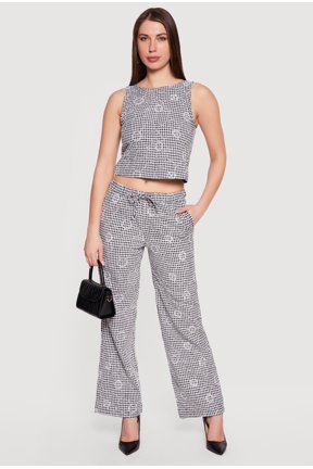 Women's Floral Decorative Stitch Gingham Drawstring Waist Pants