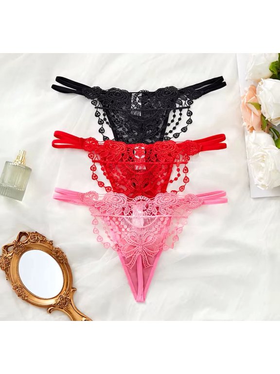 Women's Floral Design Lace Panties Thong, colors Black, Red, or Pink