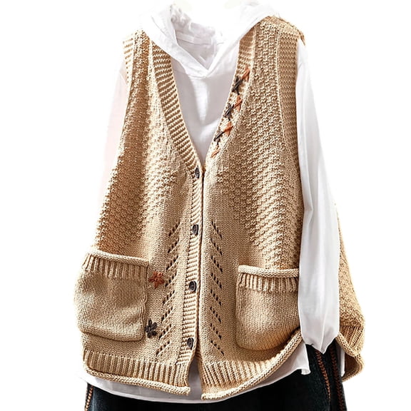 Women's Floral Doll Sweater Vest Ribbed Knit Cardigan Sleeveless V Neck Jackets Loose Lightweight Outwear Trendy Fall Shrug Coats Fall Outerwear Cute Casual Outfits