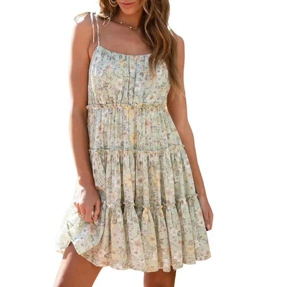 Women's Floral Dress Summer Evening Dress Chic Elegant Sleeveless Pleated Spaghetti Strap Dress Streetwear-c-M