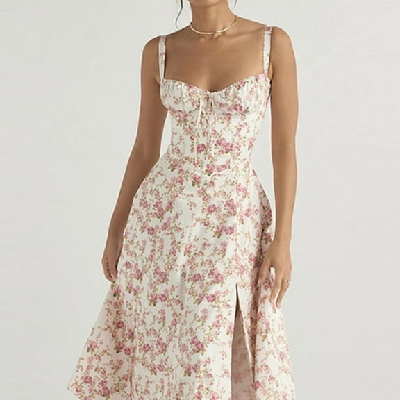 Women's Floral Dress Summer Sexy Sleeveless Spaghetti Straps Boho Flowers Long Dress with Slit