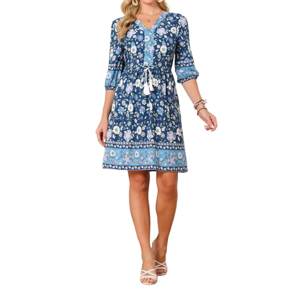 Women's Floral Dresses V Neck Half Sleeve Drawstring Waist Flowy Casual Summer Boho Dress with Pockets S Navy Blue