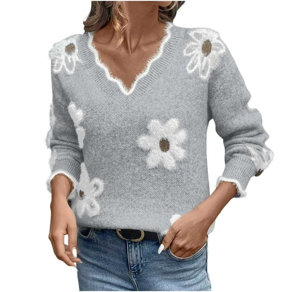 Women's Floral Drop-Shoulder Sweater V Neck Knit Pullover Long Sleeve Soft Warm Winter Boho Retro Casual Comfort Chic Statement Top