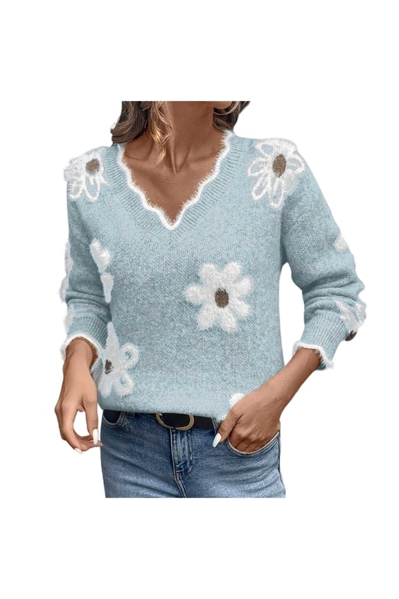 Women's Floral Drop-Shoulder Sweater V Neck Knit Pullover Long Sleeve Soft Warm Winter Boho Retro Casual Comfort Chic Statement Top