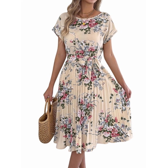 Women's Floral Elegant Pleated Midi Print Batwing Sleeve Tie Waist Dress for Daily Wear M