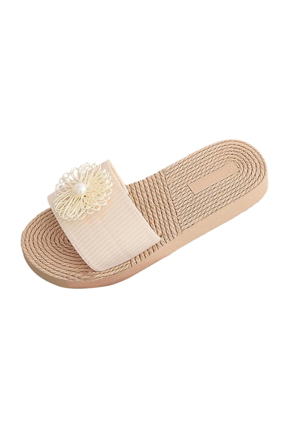 Women's Floral Embellished Slide Sandals, Open-Toe Corduroy Flat Slippers, Comfortable All-Match Summer Beach Footwear