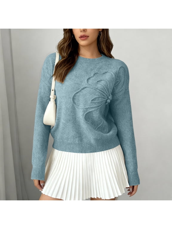 Women's Floral Embossed Knit Sweater, Elegant Crew Neck Pullover, Lightweight Textured Blouse, Casual Loose Fit Tops, All Season Comfort Wear, Versatile Floral Pattern Sweater Sky Blue XL