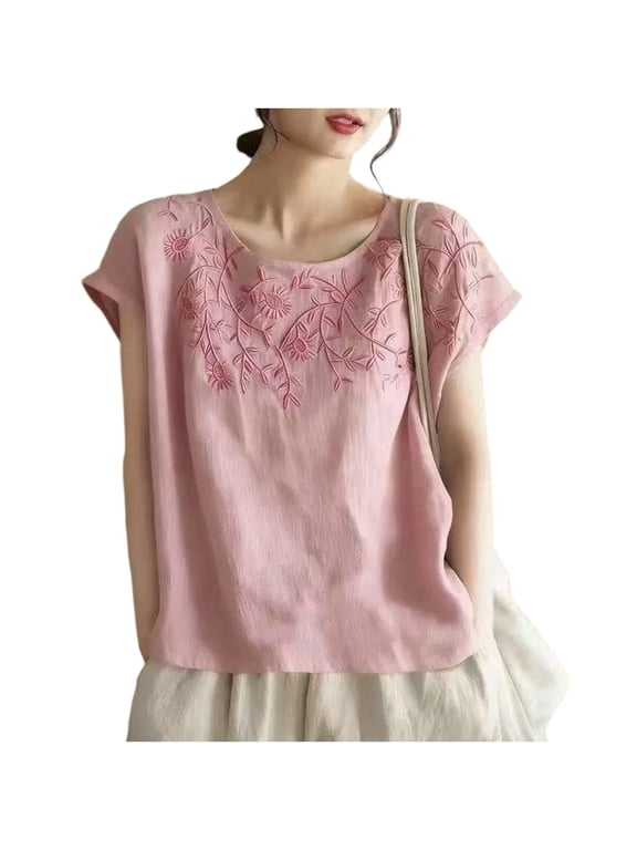 Women's Floral Embroidered Blouse Plus Size Casual Cap Sleeve Tops Vintage Boho Tunics Clothing
