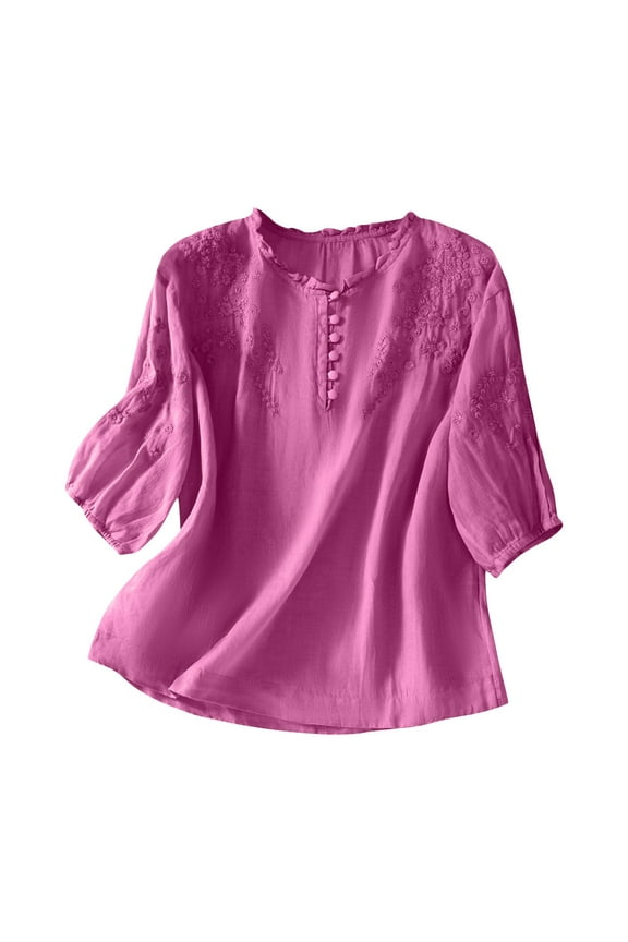Women's Floral Embroidered Boho Tops Cotton Linen Half Sleeve Round Neck Button Blouses Ethnic Style Shirt
