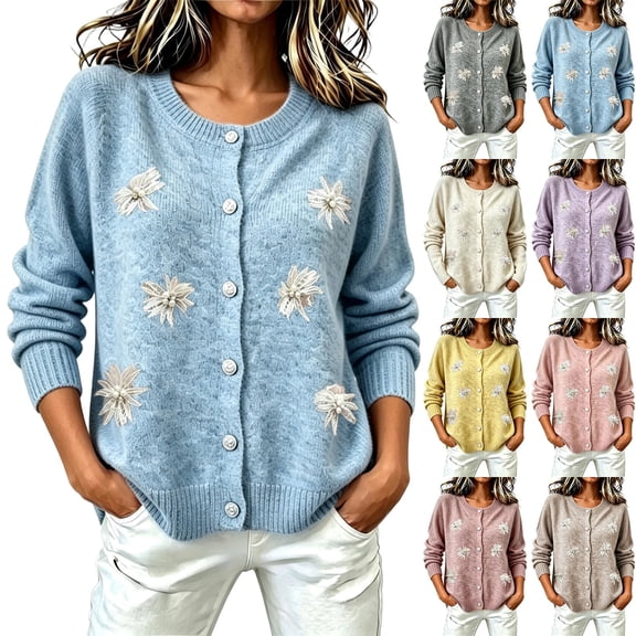 Women's Floral Embroidered Cardigan Button Down Crew Neck Long Sleeve Casual Sweater