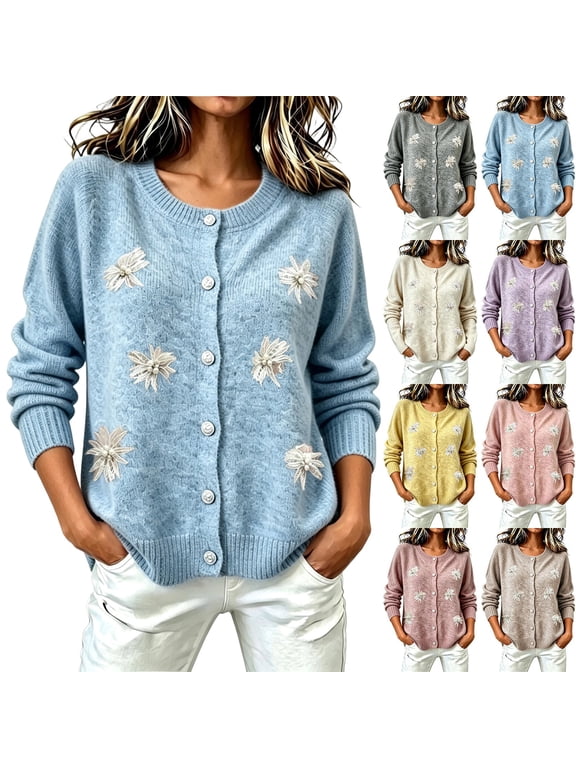 Women's Floral Embroidered Cardigan Button Down Crew Neck Long Sleeve Casual Sweater